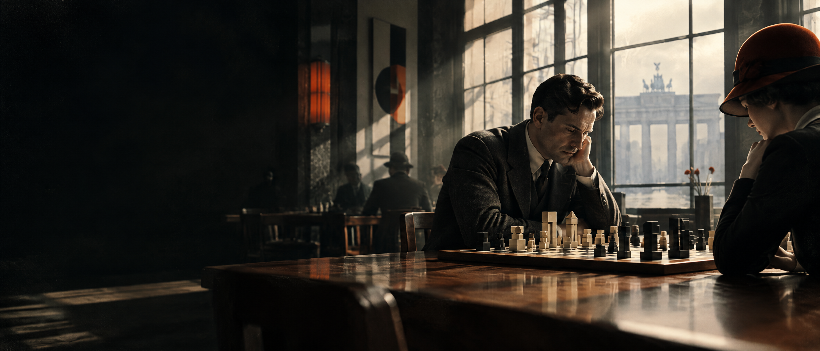 A 1920s Berlin chess salon with the Brandenburg Gate beyond